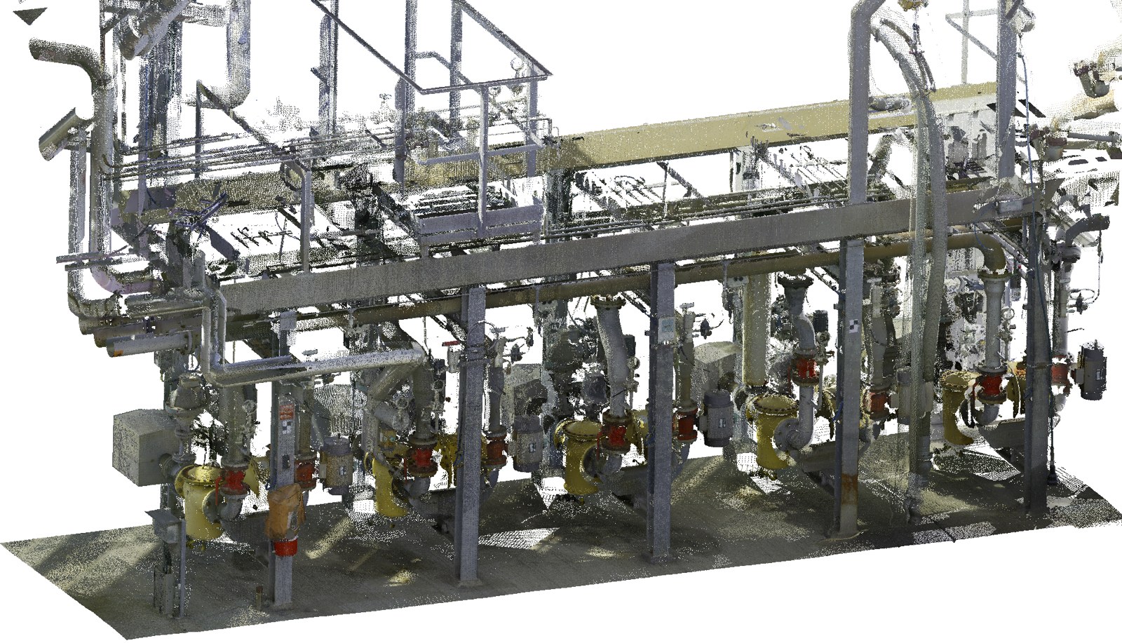 Punktsky fra 3D-scanning af en industriel installation med rør og stålkonstruktioner