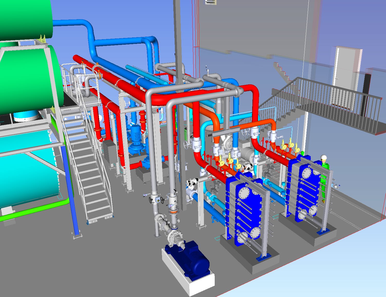 3D-model fra et fjernvarmeprojekt udført af Solutn med rør, pumper, varmevekslere og platforme
